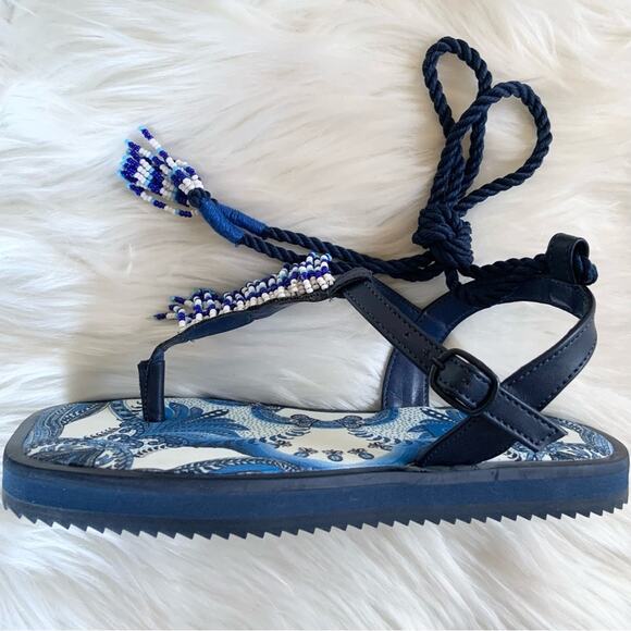 Farm Rio Blue Beaded Flat Lace Up Sandals White Vacation Size 6 NEW WITHOUT BOX - Picture 12 of 16